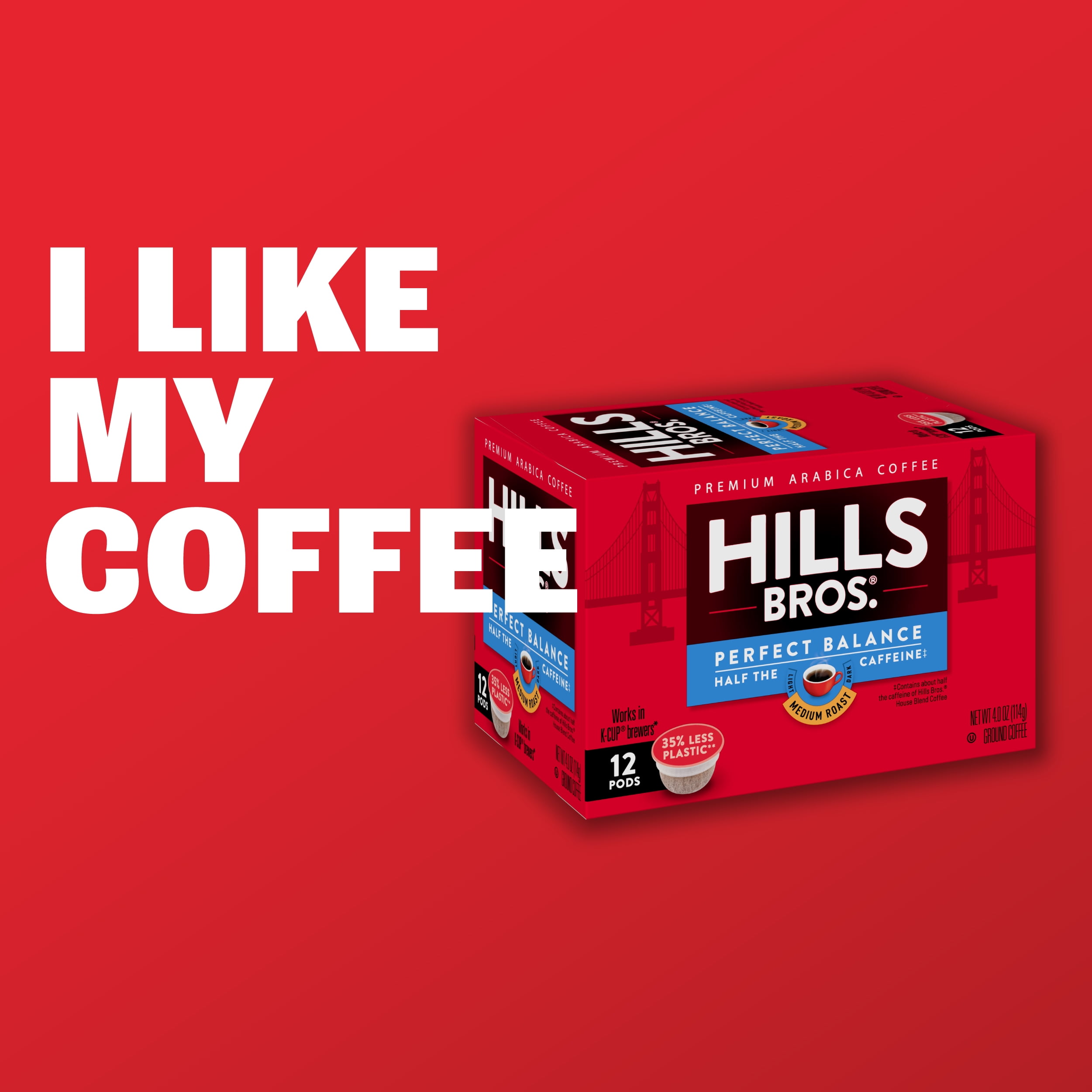 Hills Bros. Perfect Balance Half-Caffeine 100% Arabica Medium Roast , K-Cup® Coffee Pods, 12-Count Box