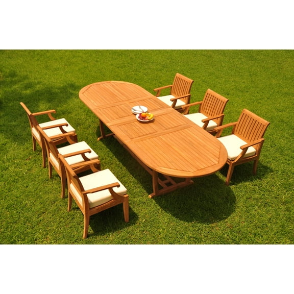 Grade-A Teak Dining Set: 6 Seater 7 Pc: 118" Double Extension Mas Oval Trestle Leg Table And 6 Lagos Arm Chairs Outdoor Patio WholesaleTeak #WMLG22