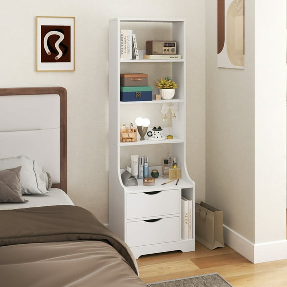 Noble House Savoy 58.11" Nightstand with Bookshelf, Drawers and 4-Tier Open Shelves, Vertical Storage Tower, White