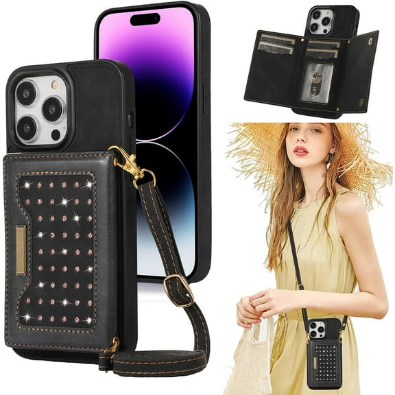 for iPhone 14 Pro Max Crossbody Wallet Case for Women, Bling Glitter PU Leather Phone Case with RFID Blocking Card Holder Cover for iPhone 14 Pro Max SZ Black