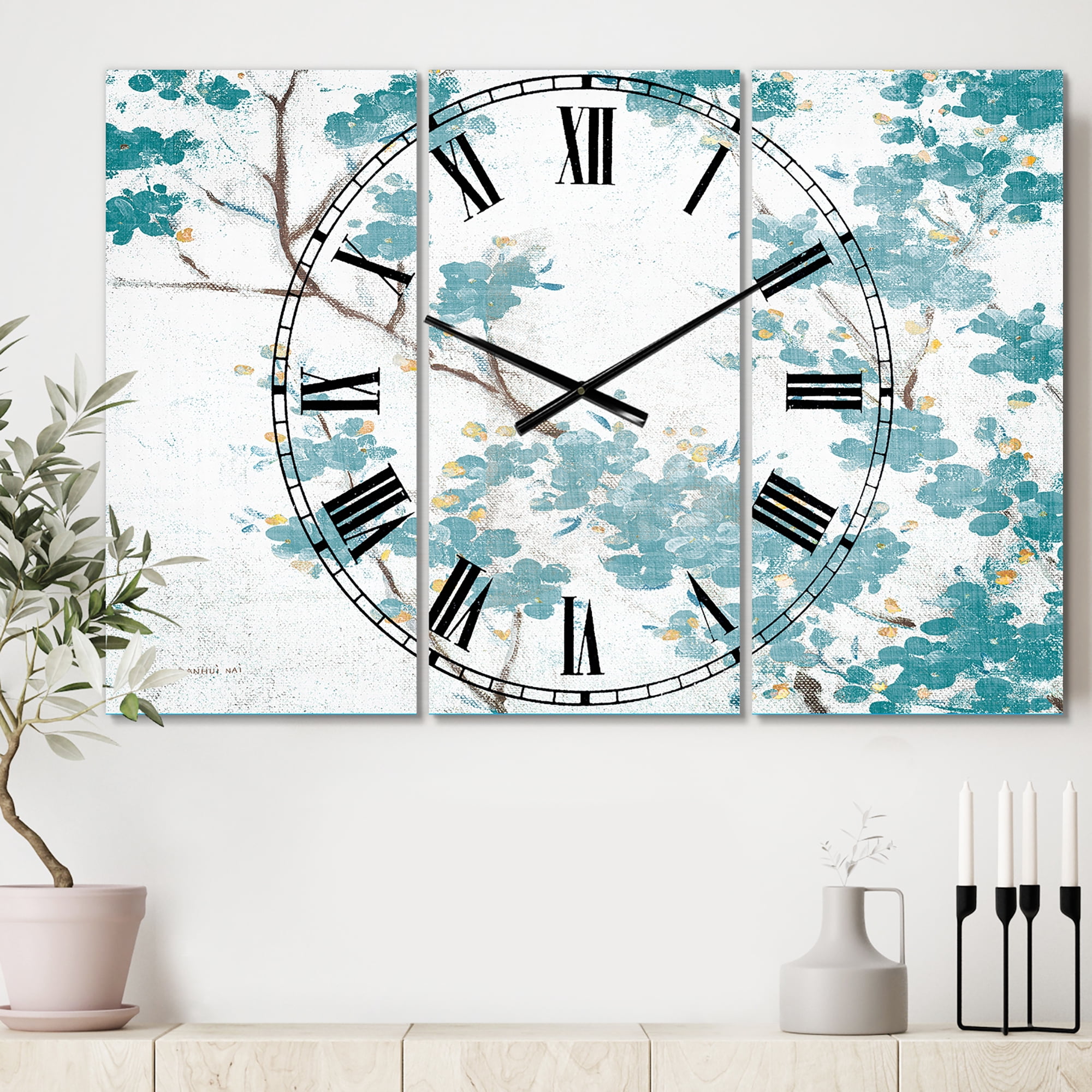 Designart 'Teal Cherry Blossoms II' Traditional Wall Clock
