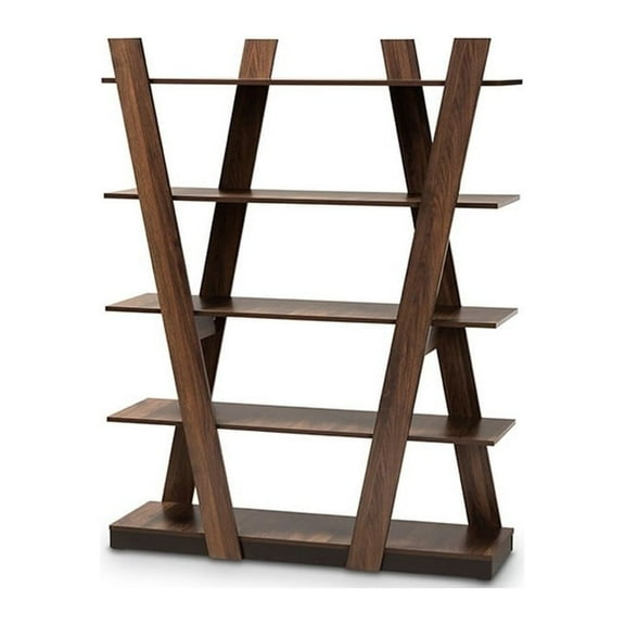 Baxton Studio Michio Modern and Contemporary Walnut Brown Finished 5-Tier Wood Geometric Living Room Display Shelf