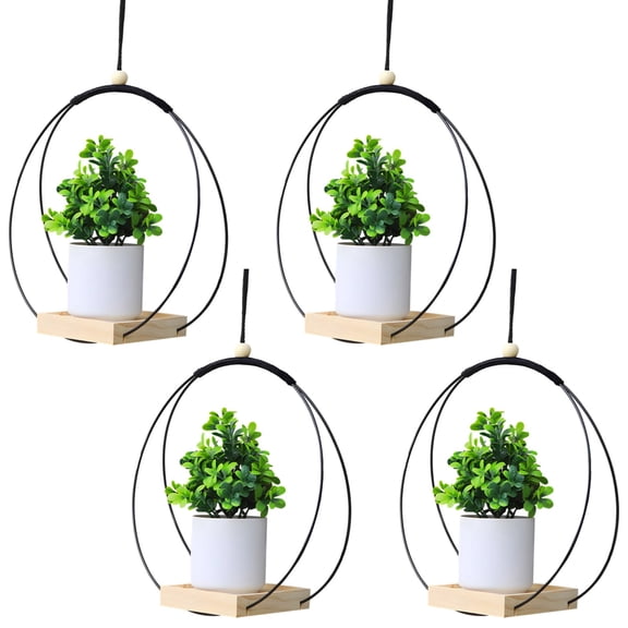 4 Pcs Wooden Iron Planter Set 30 x 30 cm/12 x 12 in, Black Hanging Planters for Indoor Plants, Boho Nordic Style with Wooden Base Tray, Ideal for Home and Balcony Decoration