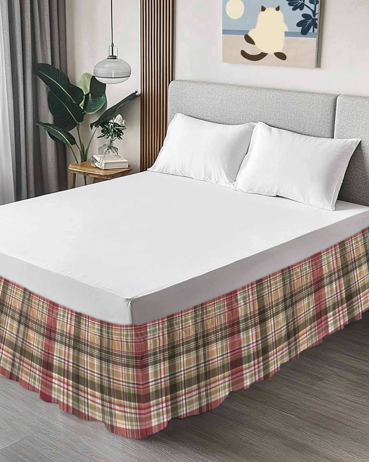 Buffalo Plaid Wrap Around Bed Skirts for Queen Bed 18" Drop,Bed Skirt with Adjustable Elastic Belt Dust Ruffle Bed Valance for Bedroom Hotel Luxury Modern Farmhouse Colorful Checkered Bed Frame Cover