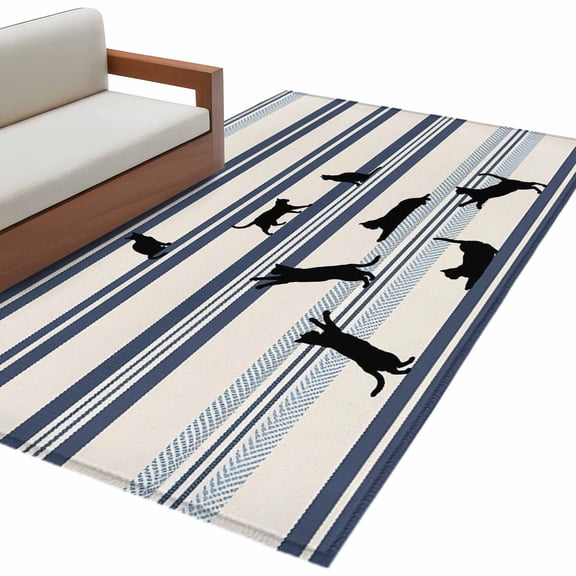 Area Rugs for Living Room 4x6 Ft, Cute Cat Non Slip Area Rugs for Kitchen Bedroom Entryway, Funny Playing Animals Blue Stripe Lines Retro Washable Carpet Runner Rug Floor Mats for Bedroom Home Decor