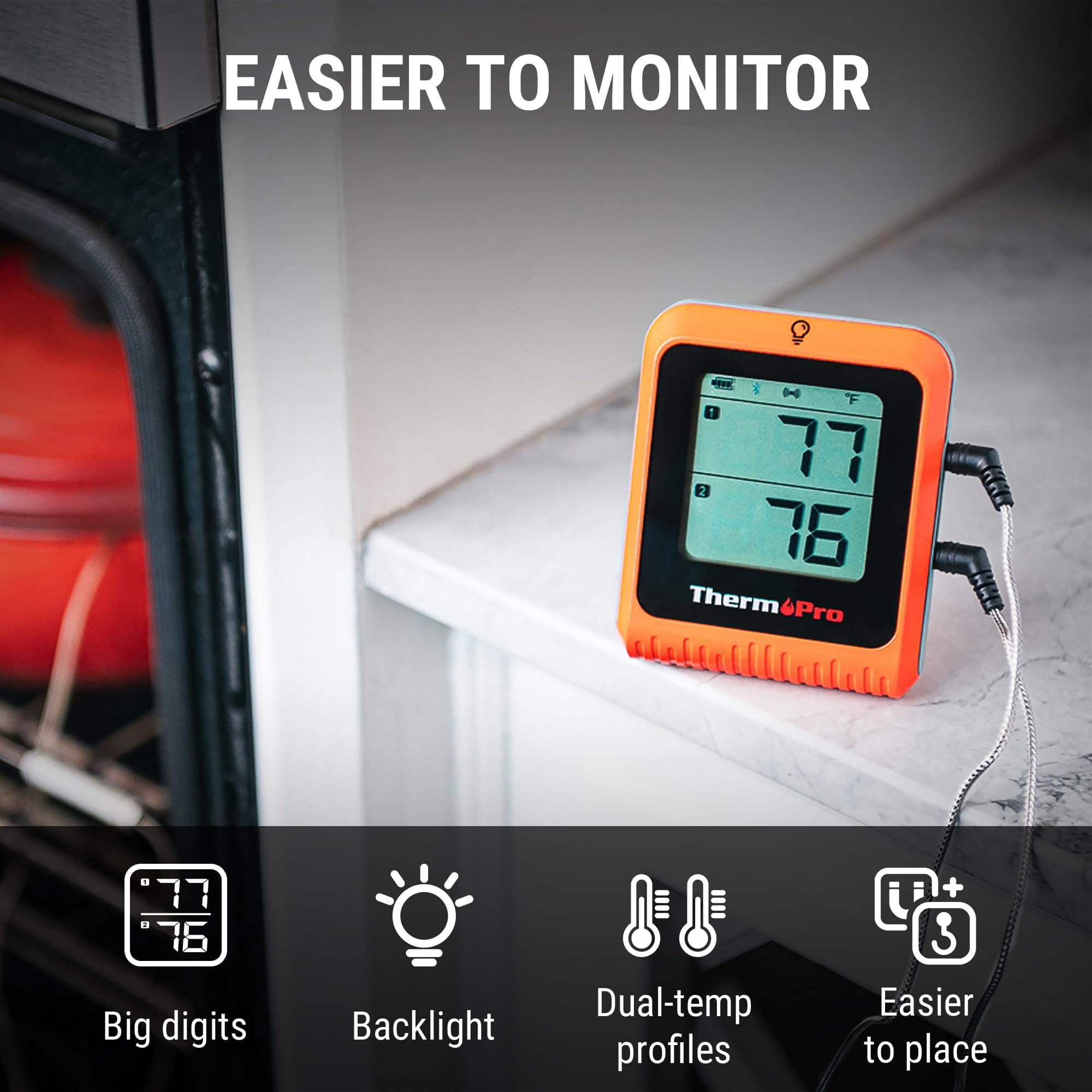 Bluetooth Meat Thermometer 650 ft Range Dual Probe for Grilling Smoking Oven Cooking Turkey Beef Pork, Wireless Digital Food Thermometer, Orange