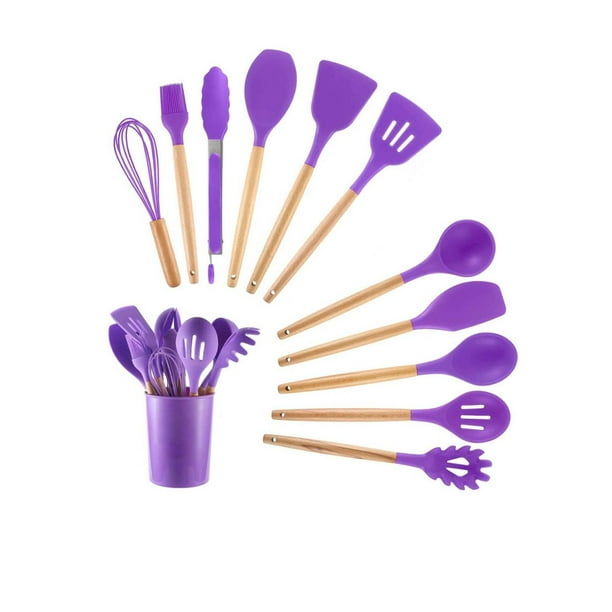 Utensilios Silicona Madera Set Cocina Juego Cucharas +regalo purpura