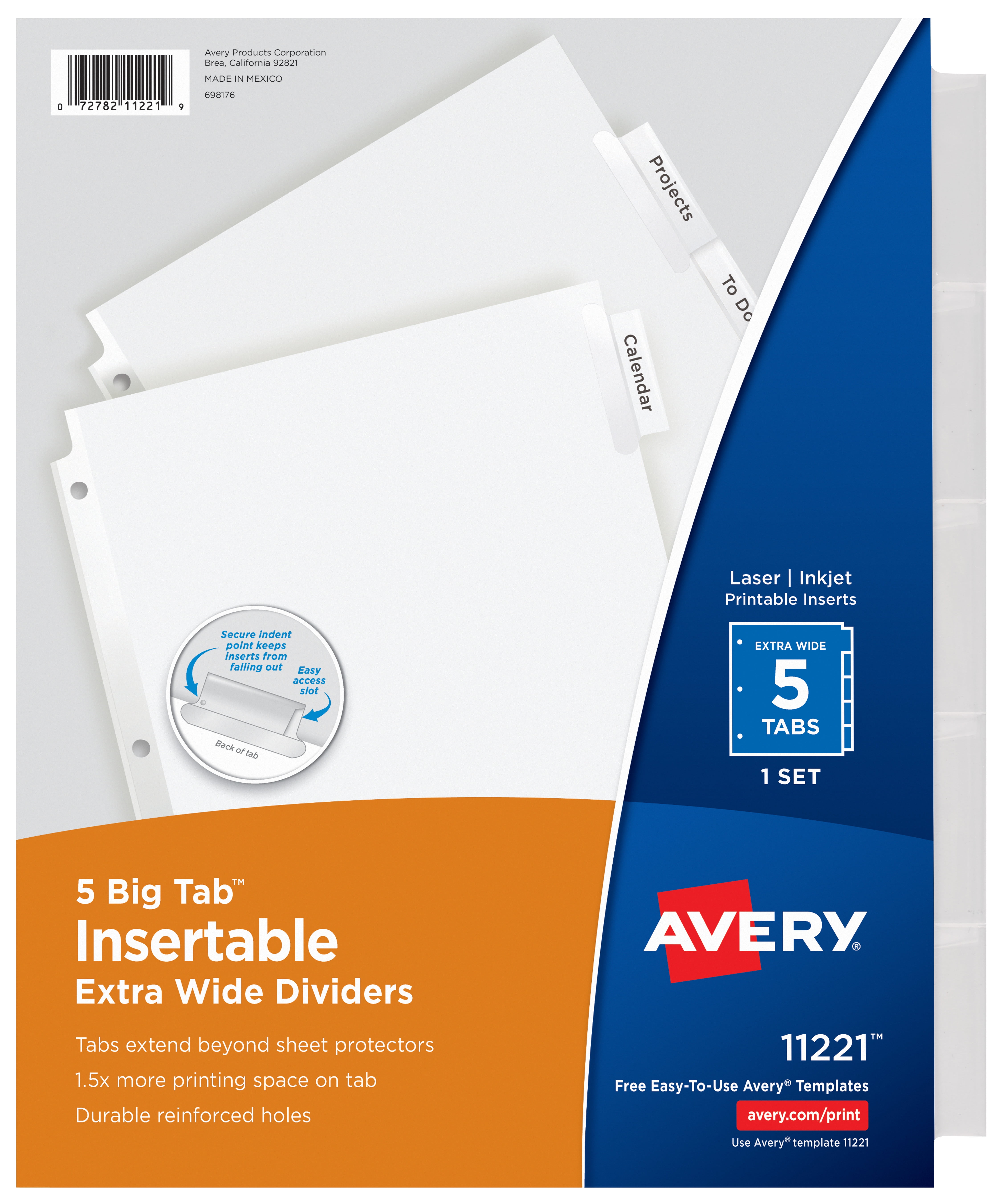 Insertable Multicolor Big Tabs 1 Set Paper Organize AVERY 5-Tab Binder Dividers 