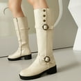 thumbnail image 2 of Rokment Platform Knee High Motorcycle Riding Boots for Women Vintage Fashion Studded Buckles Leather Chunky Mid Heel Wide Calf Long Tall Dress Combat Boots Beige Size 6, 2 of 6