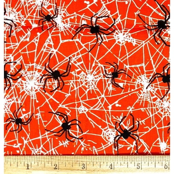1 Fat Quarter - Halloween Spiders & Web on Orange Cotton Fabric - 21" X 18"