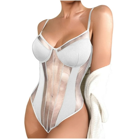 Spaghetti Straps Bodysuit for Women Sexy Sheer Mesh Patchwork Basic Shapewear Tops Slim Corset Lingerie Body Suit