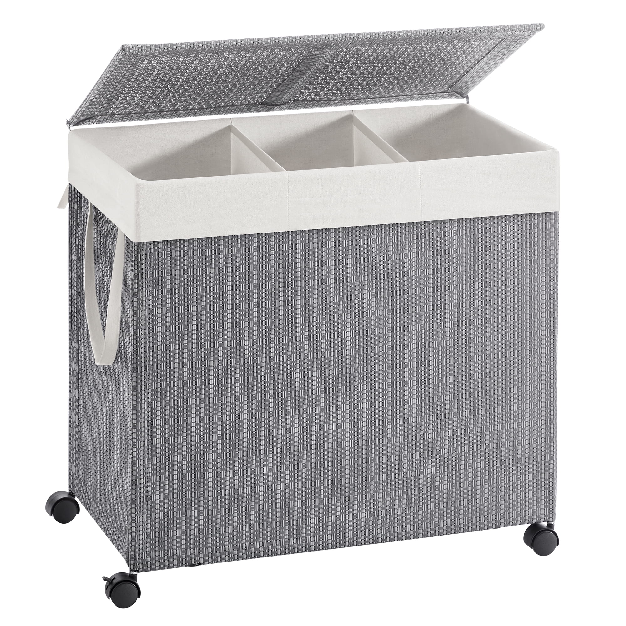 Dove Gray & Matte White Laundry Hamper - 3 - Compartment, 37 Gal Laundry Sorter on Wheels. Comes with Lid, Removable Liners with Handles