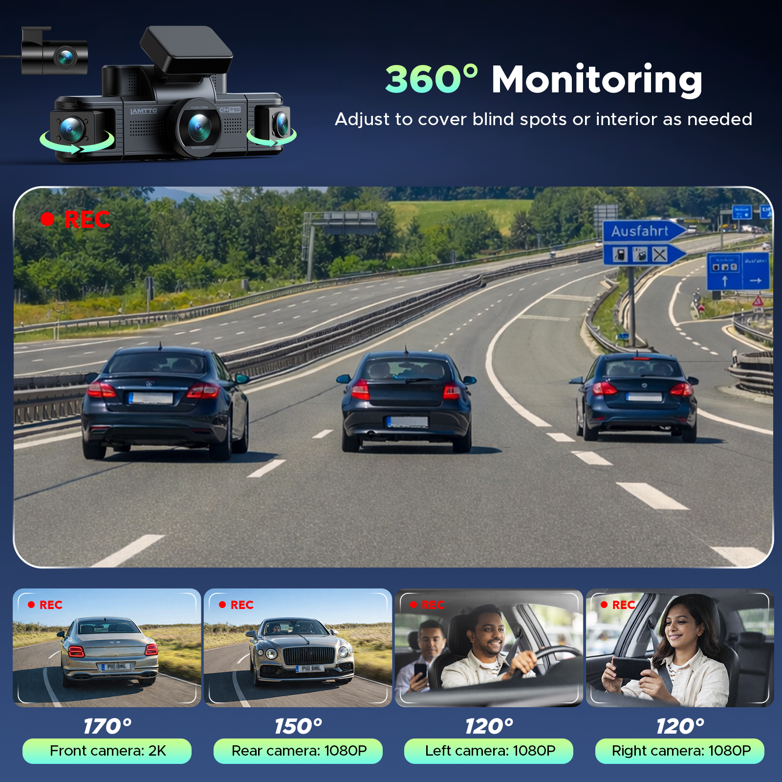 Lamtto 4-Channel Dash Cam, 2K + 1080P with WiFi photo 3