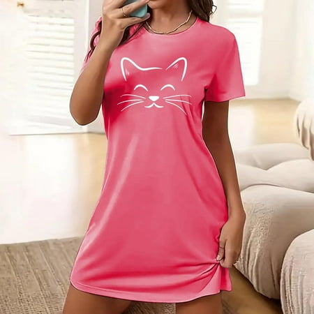 Women s Nightgown Round-neck Chemise Sleepwear Lace Nightwear Soft Lingerie for Women  1- Hot Pink  Medium