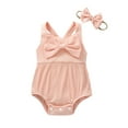 thumbnail image 1 of Coduop Toddler Baby Girl Ribbed Sleeveless Bow Suspender Romper Casual Summer Jumpsuit + Headband, 1 of 7