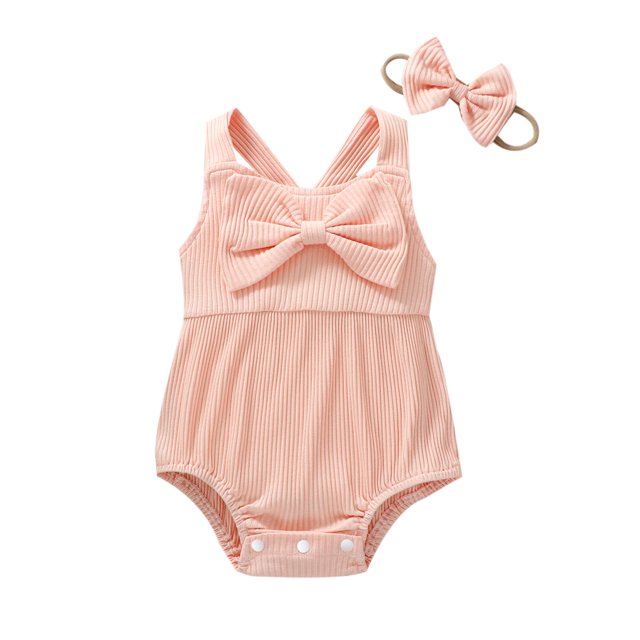 ZAXARRA Baby Girl Jumpsuit Set Summer Solid Color Ribbed Sleeveless Bow Suspender Rompers and Stretch Headband