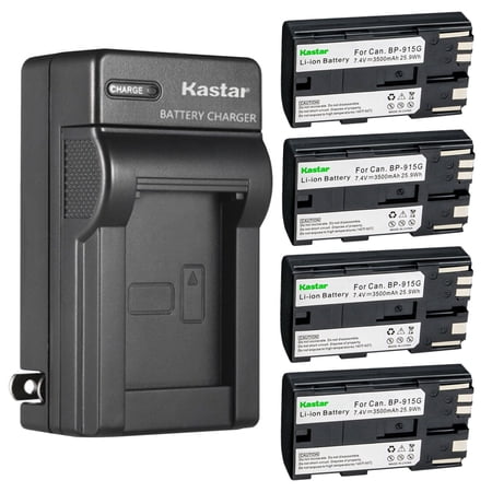 Kastar 4-Pack BP-915G Battery and AC Wall Charger Replacement for Canon XM1  XM2  XV1  XV2  C2  FV1  DM-MV1  DM-MV10  DM-MV20  E1  E2  E30  E65AS  EOS C100  EOS C100 Mark II  EOS C300  C300 PL Camera