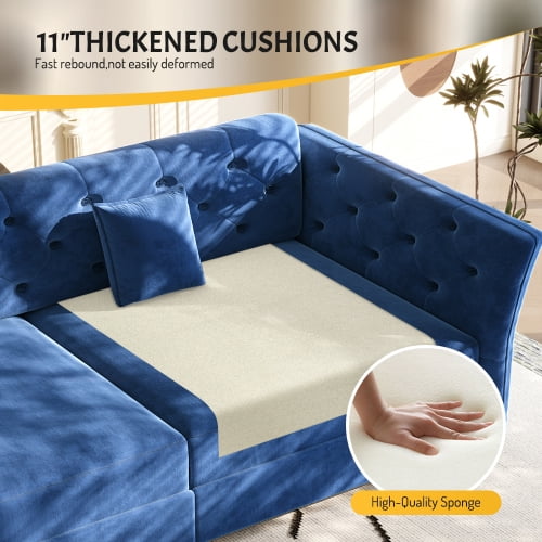 100" Oversize Velvet Pull Out Sofa Bed, Convertible Sleeper Loveseat with Handmade Flower Tufted Design, Multi-Functional Sofa Couch for Living Room & Bedroom, Blue