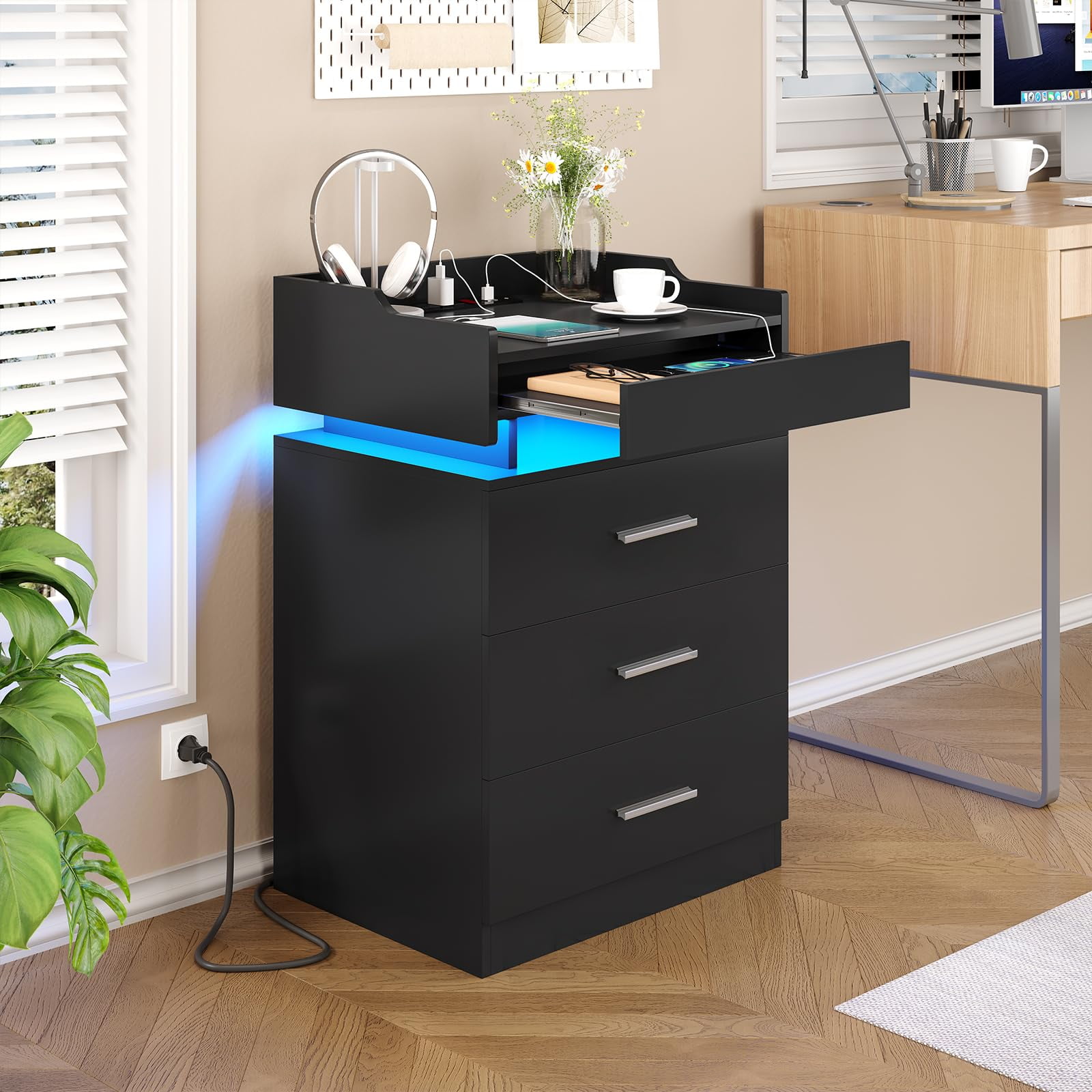 Afuhokles Nightstand with Charging Station USB Port and LED Light, 3 Drawers Bedside Table with Pull-Out Tray, Black
