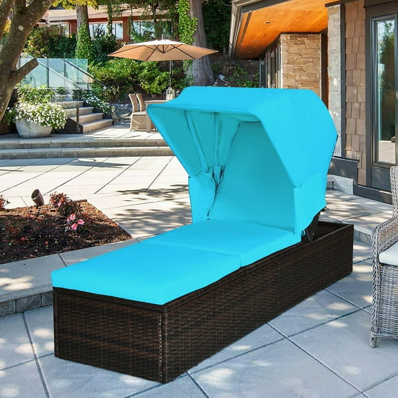 Costway Patio Rattan Lounge Chair Chaise Cushioned Top Canopy Adjustable Turquoise