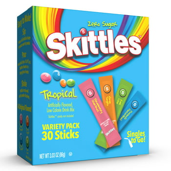 Skittles Zero Sugar Variety Pack Singles-To-Go Powdered Drink Mix, Tropical, 30 Count Packets