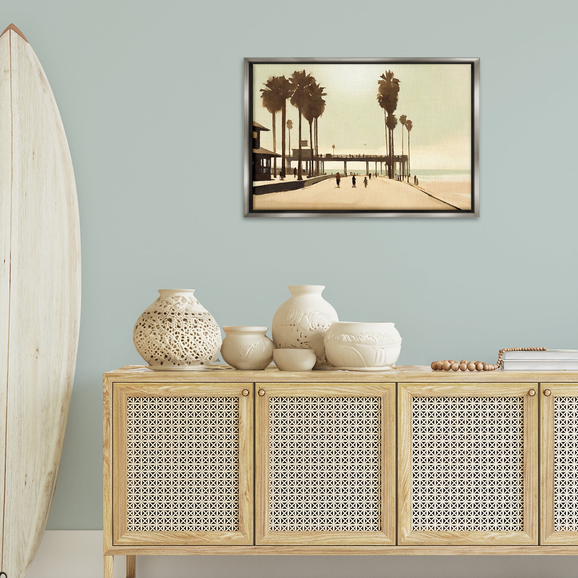 Stupell Industries Tropical Beach Walkway Landscape & Nature Painting Gray Floater Framed Canvas Art Print Wall Art, 31 x 21