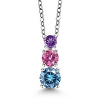 Gem Stone King Persian Blue Moissanite Pink Moissanite Purple Amethyst 3 Stone Pendant Necklace for Women (0.83 cttw, Gemstone Birthstone, Round 5MM, 4MM and 3MM, with 18 inch Chain)