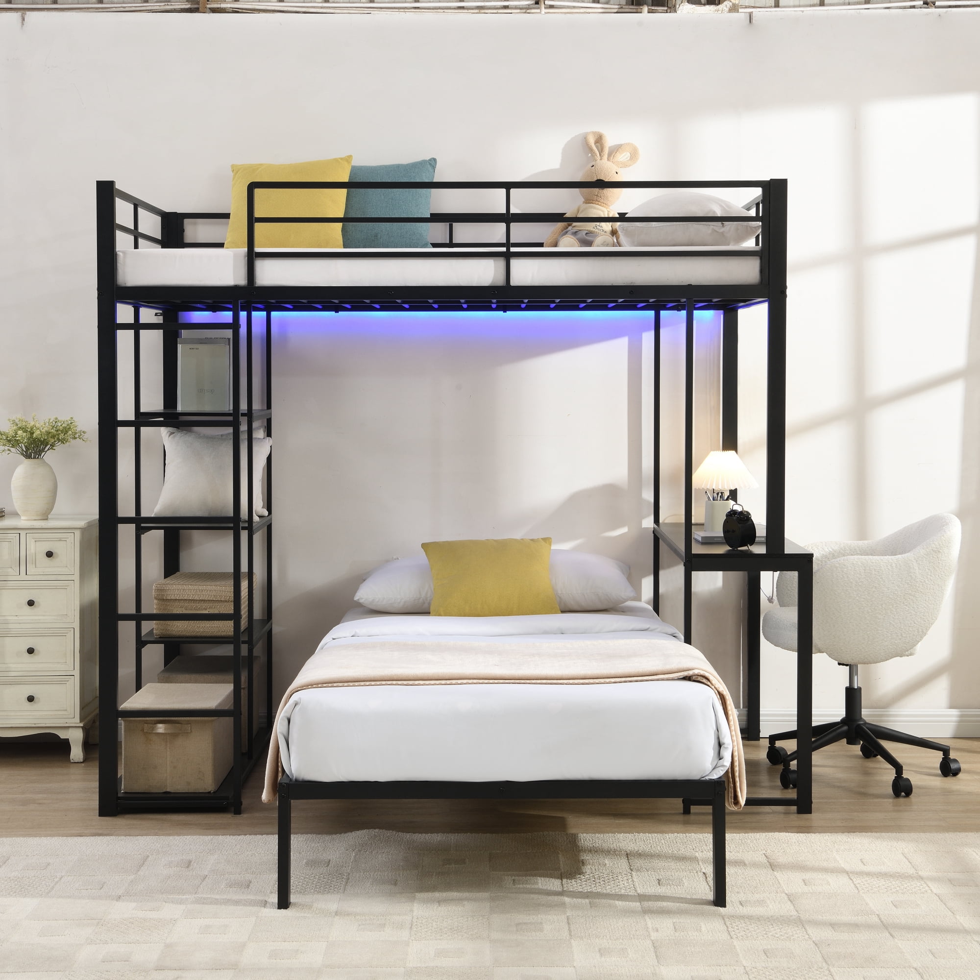 Leumius Twin over Twin Metal Loft Bed Frame with LED Light Strip, Side Storage Shelves & Built-in Desk, Metal Bunk Bed for Dorm Apartment Guest Room