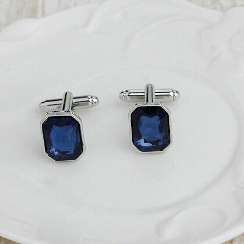 14K White Gold Plated Silver 2.88Ct Emerald Lab-Created Blue Sapphire Men's Wedding Cufflink Set
