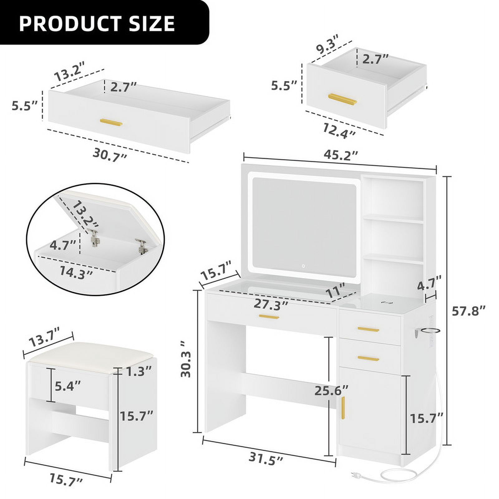 Uforic White Vanity Desk Set with Power Outlet & LED Light, Makeup Vanity with Cushioned Stool, Vanity Table with 2 Drawers& Storage Shelves
