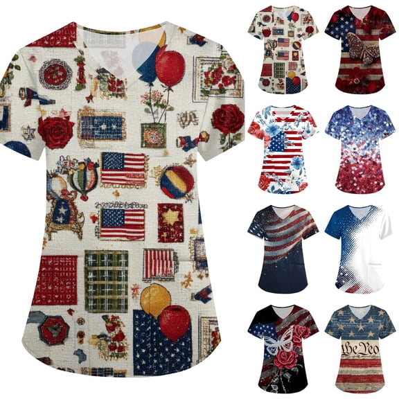 Evdexr Womens Independence Day Scrub Tops 1776 2026 V Neck Scrubs 4th Of July Short Sleeve Stars and Stripes Shirts Plus Size Workwear with Pockets Multicolor 4XL