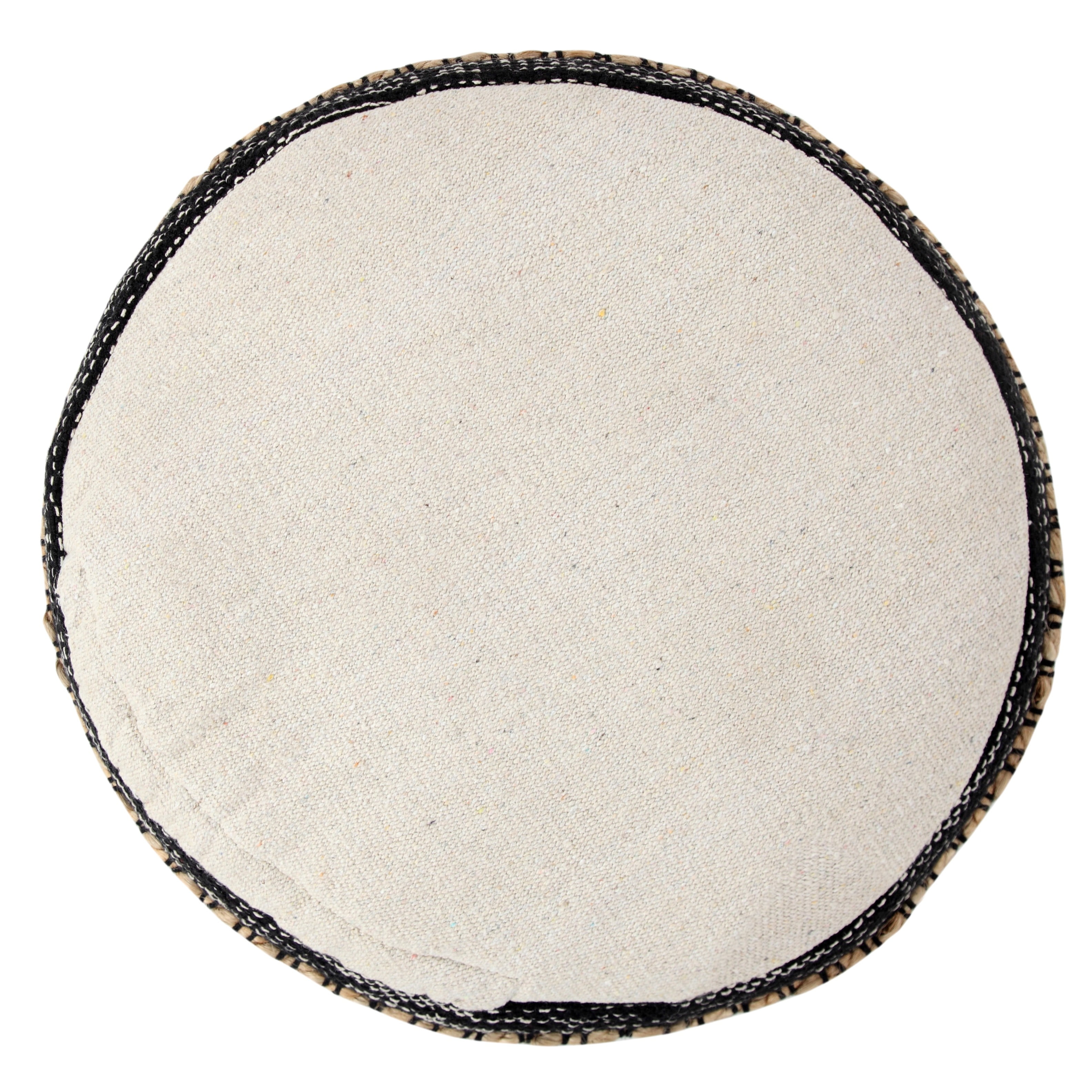LR Home Round Black/Gray Striped Cotton and Jute Pouf Ottoman, 14" H x 18" W