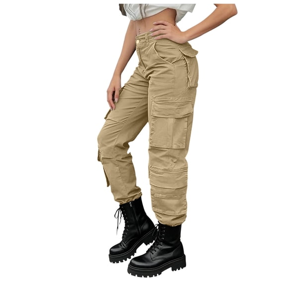 Bloomae Cargo Pants for Women Stretchy High Waisted Casual Pants Loose Comfy Baggy Y2k Straight Wide Leg Pants with Multi-Pockets Streetwear Khaki M