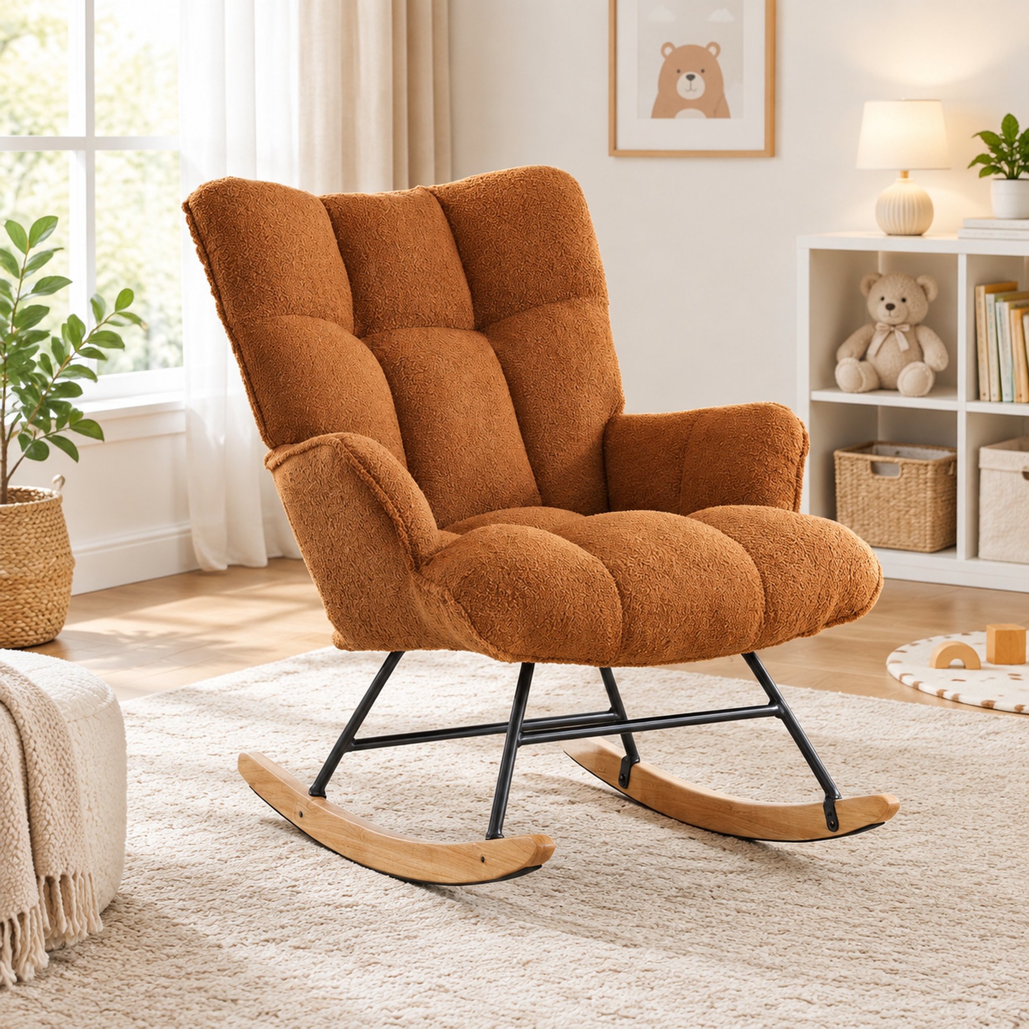 Rocking Nursery Glider Chair, Teddy Upholstered Accent Armchair with Padded Seat High Backrest for Living Room Bedroom Caramel Brown Teddy