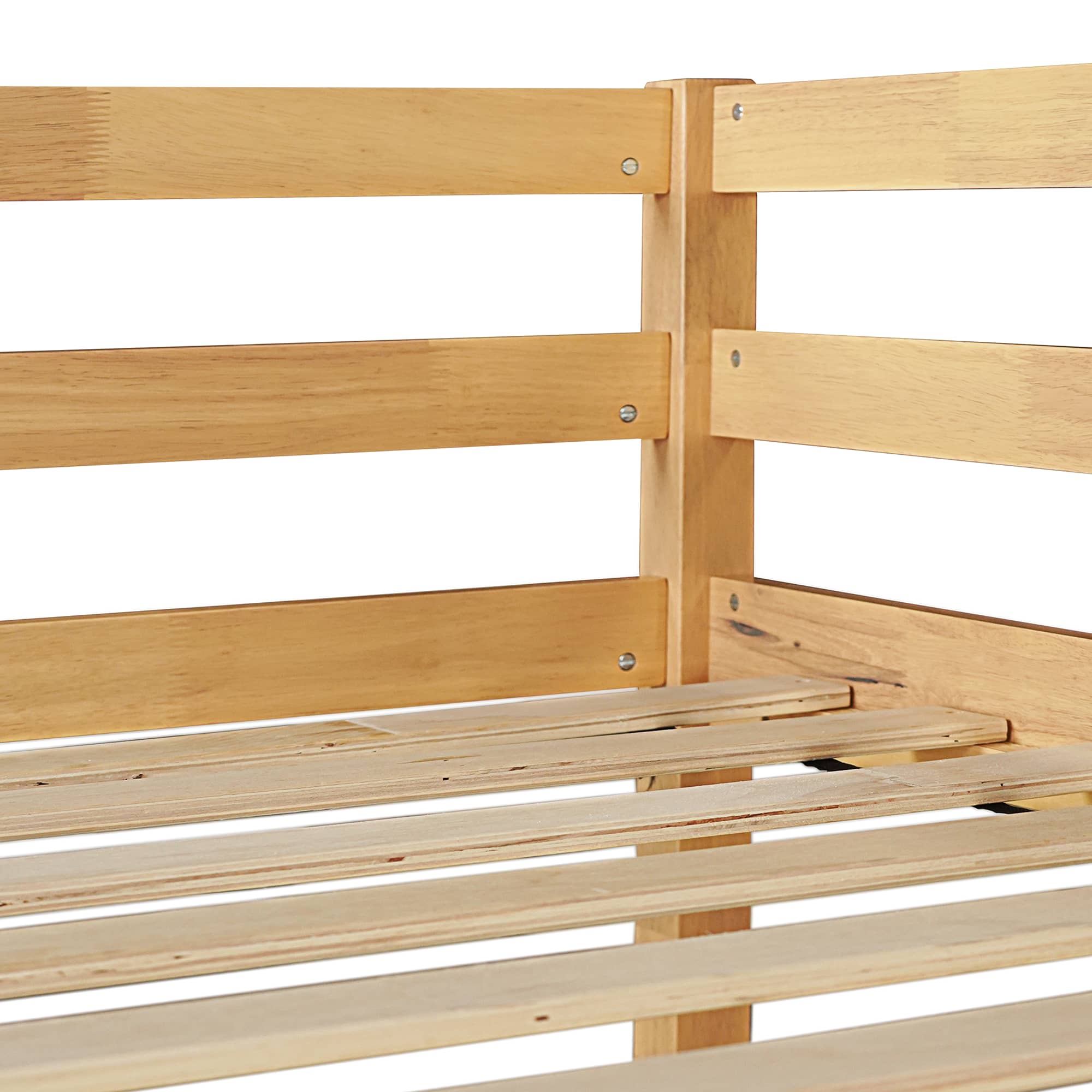 MAYEERTY Twin High Loft Bed, Rubber Wood Bed Frame with Guardrail, Built-in Desk, White Oak