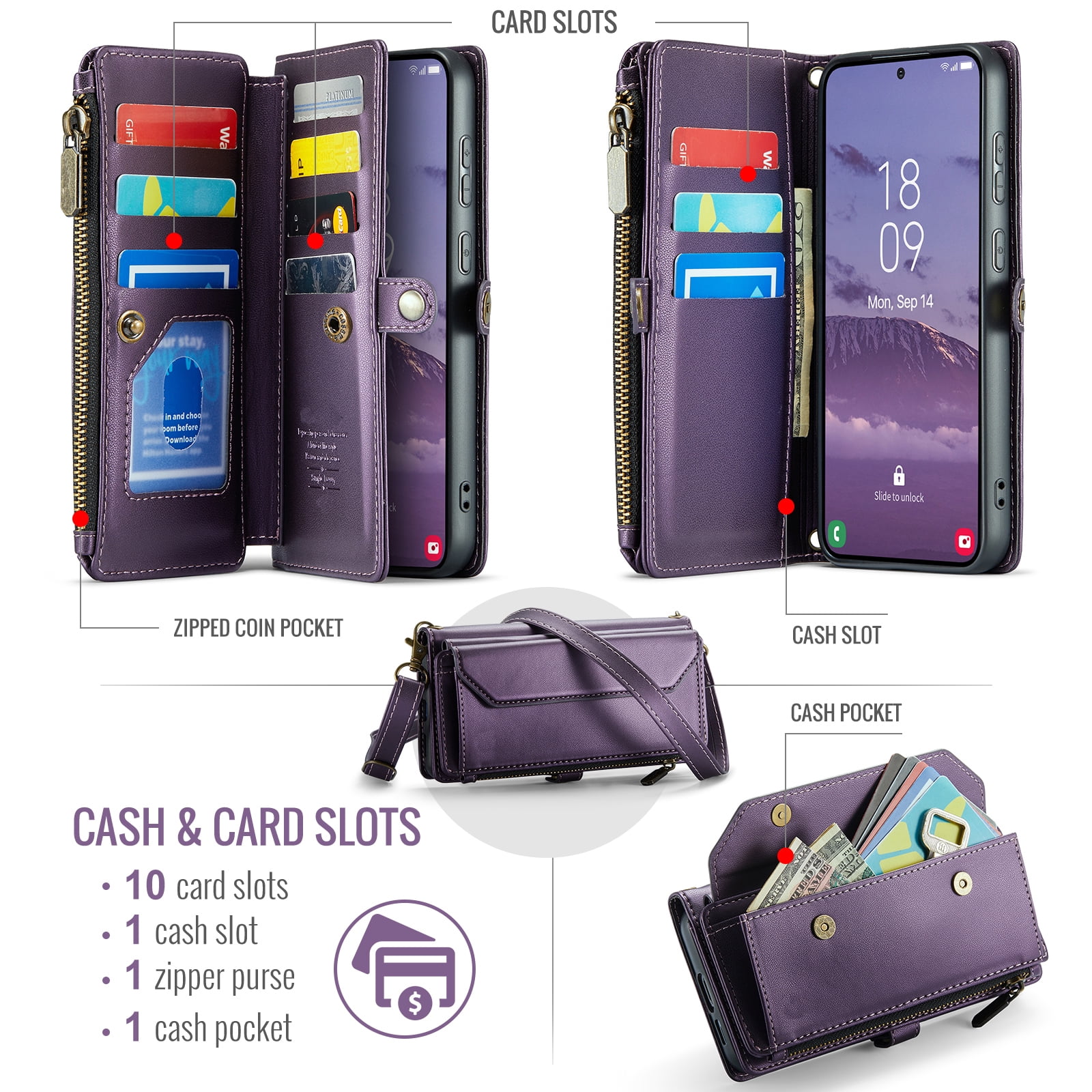 Compatible with Samsung Galaxy S25 Plus S25+ 5G Zipper Wallet Phone Case Tempered Glass Screen Protector Crossbody Lanyard Strap Flip Card Holder Slot Cell Cover for S25Plus 25S + S 25 Women Purple