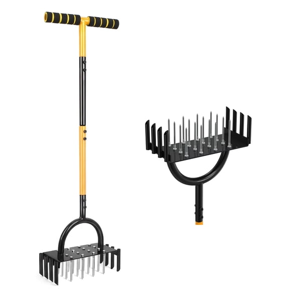 2 in 1 Lawn Aerator, 31.8" Manual Aerator with 16 Iron Spikes & 8 Hollow Slots, Non-Slip T-Handle, Stainless Steel for Compacted Soils & Lawns Yard Garden