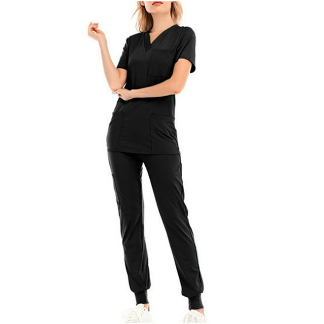 Baikeli Womens Business Sets Scrubs Sets for Women 2 Piece Summer Suits Short Sleeve V-Neck Tops High Waisted Drawstring Jogger With Pockets Spring Two Piece Sets for Women 2024