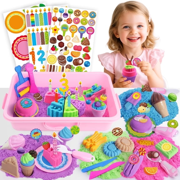 BILLEEIT Cake & Ice Cream Sensory Bin Sand Toy for Kids Ages 3 , 43-Piece Sensory Sand Kit with Lid, 4 Colors of Magic Sand (2.2 lbs), Molds & Tools