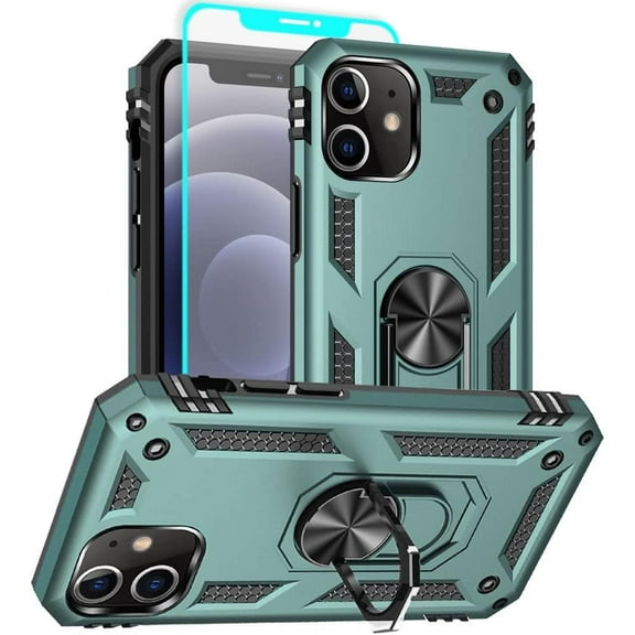 for iPhone 12 Case, iPhone 12 Pro Phone Case, [Military Grade 16ft. Drop Tested] Ring Shockproof Protective Phone Case for iPhone 12/12 Pro,Dark Green