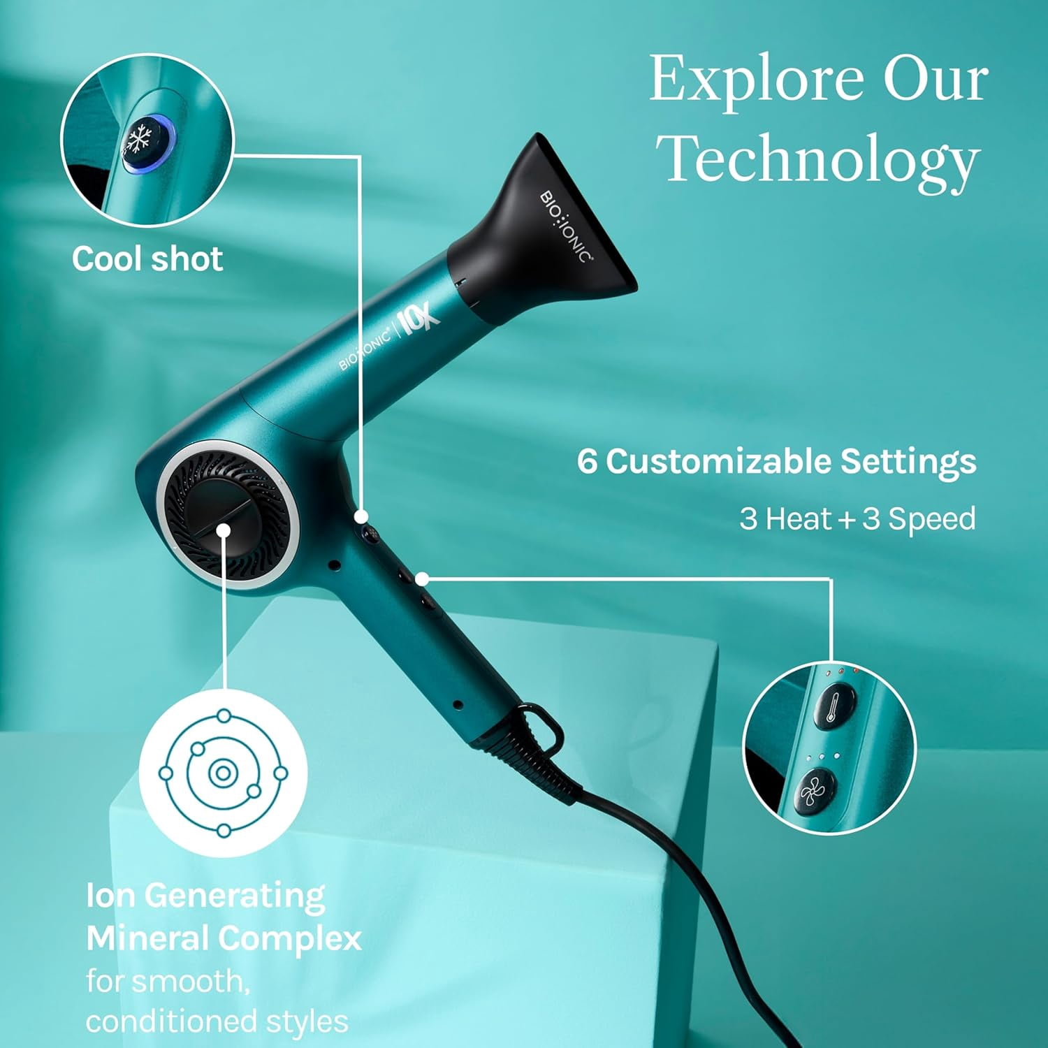 Bio Ionic Teal Tides 10X UltraLight Speed Hair Dryer, Adjustable Heat and Speed, Limited Edition
