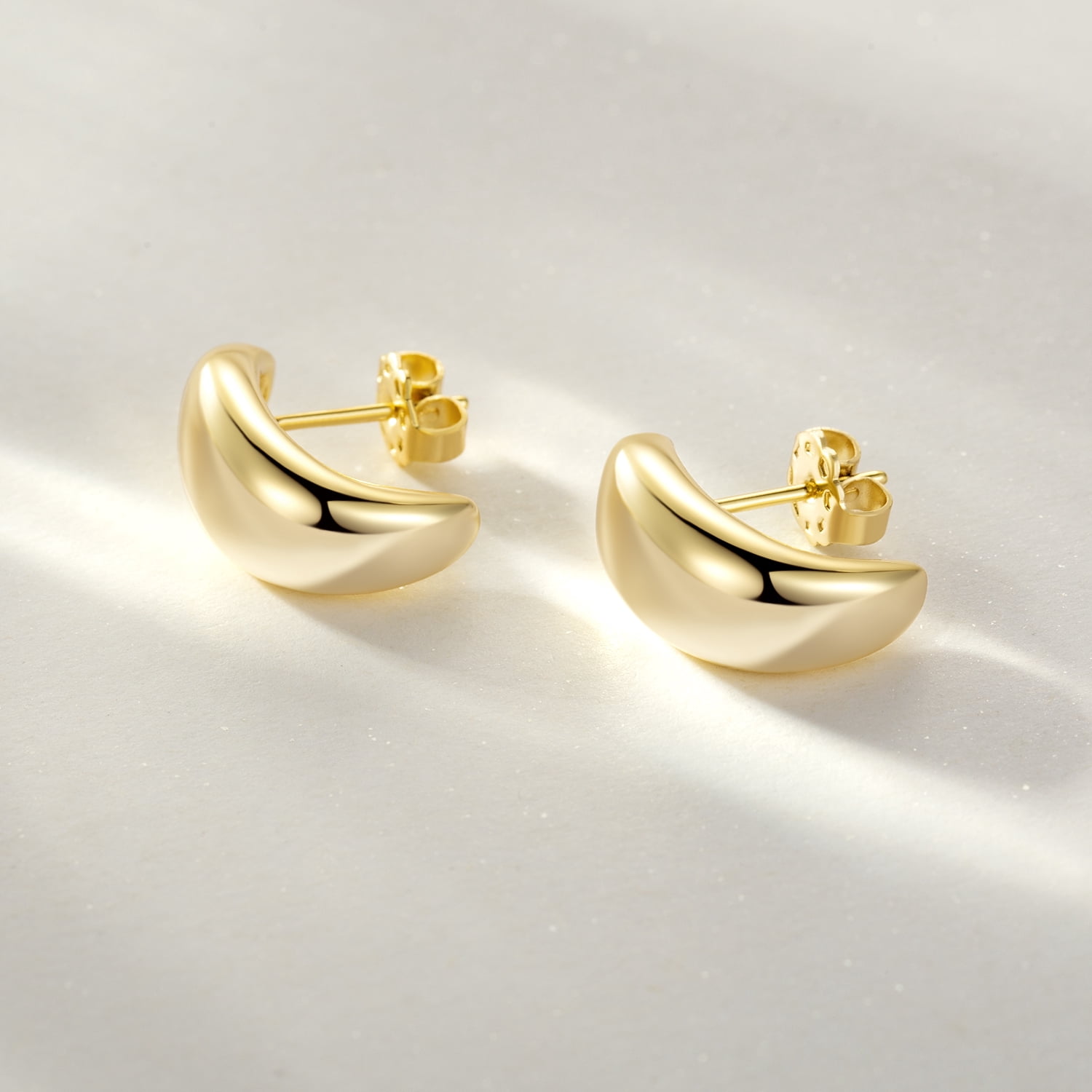 14K Gold Hoop Stud Earrings for Women Thick Gold Stud Earings 13.5mm Glossy Half Hoops 14K Gold Plated Stud Earrings for Women
