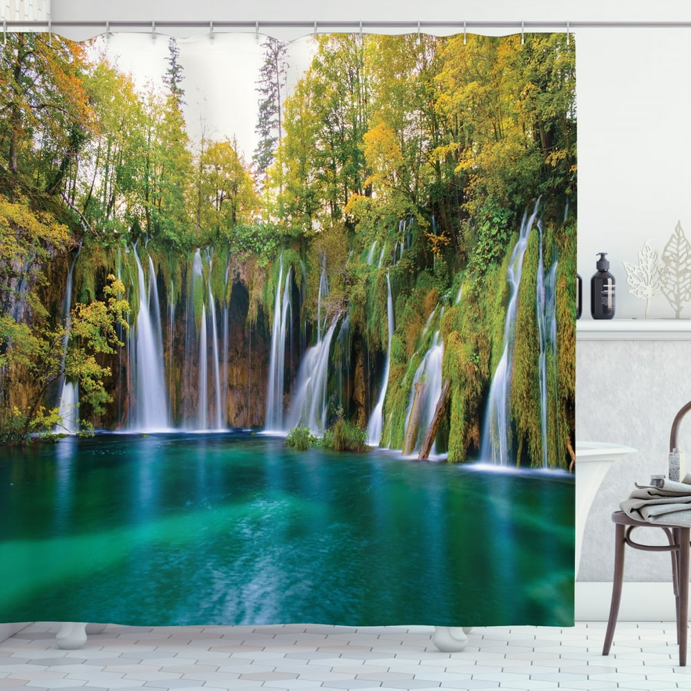 Croatia Shower Curtain, Nature Photo with Many Small Waterfalls in Forest Outdoor Scene Print