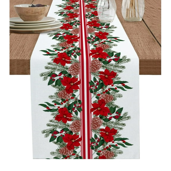Merry Christmas Poinsettia Pine Needles Table Runner Holiday Party Decoration Dining Table Runner Wedding Decoration Tablecloth