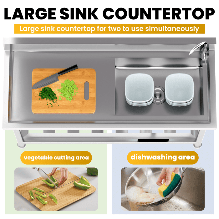 Single Bowl Stainless Steel Sink, with Solid Workbench, Sturdy 304 Steel, Heavy Duty Utility Sink, Bar Sink, for Outdoor Kitchen, Farmhouse Setting, Restaurant Prepx