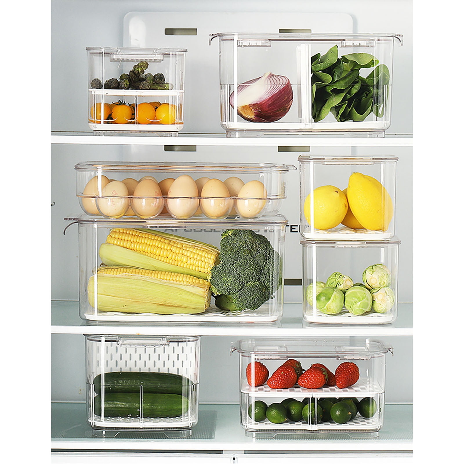 Tgbvmt Refrigerator Storage Containers Fresh Produce Organizer Bins 10.9"x6.9"x5.7" Fridge Food Keeper Moisture Control Vented Lid Holiday Kitchen Organization Fruit Vegetable Storage Drain Tray