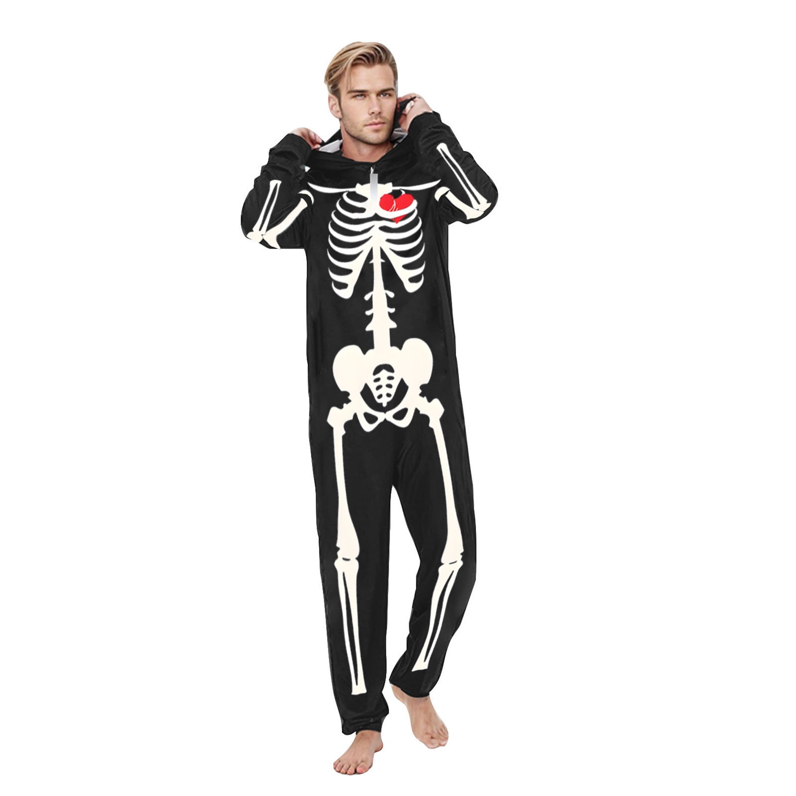 Meichang Matching Halloween Pajamas for Family Halloween Skeleton Print One-Piece Onesies Hooded Zipper Front PJs Jumpsuit Loungewear Romper for Men