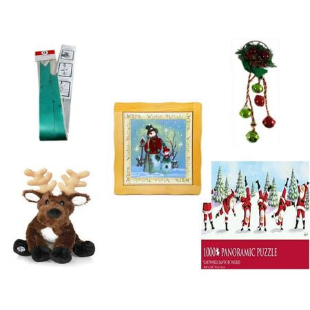 Christmas Fun Gift Bundle [5 Piece] - Myco's Best Pull Bows Set of 10 - Festive Holly Berry & Pinecone Door Knob Jingler - Warm Winter Blessings Snowman Family Hot Plate Trivet - Soft & Cuddly