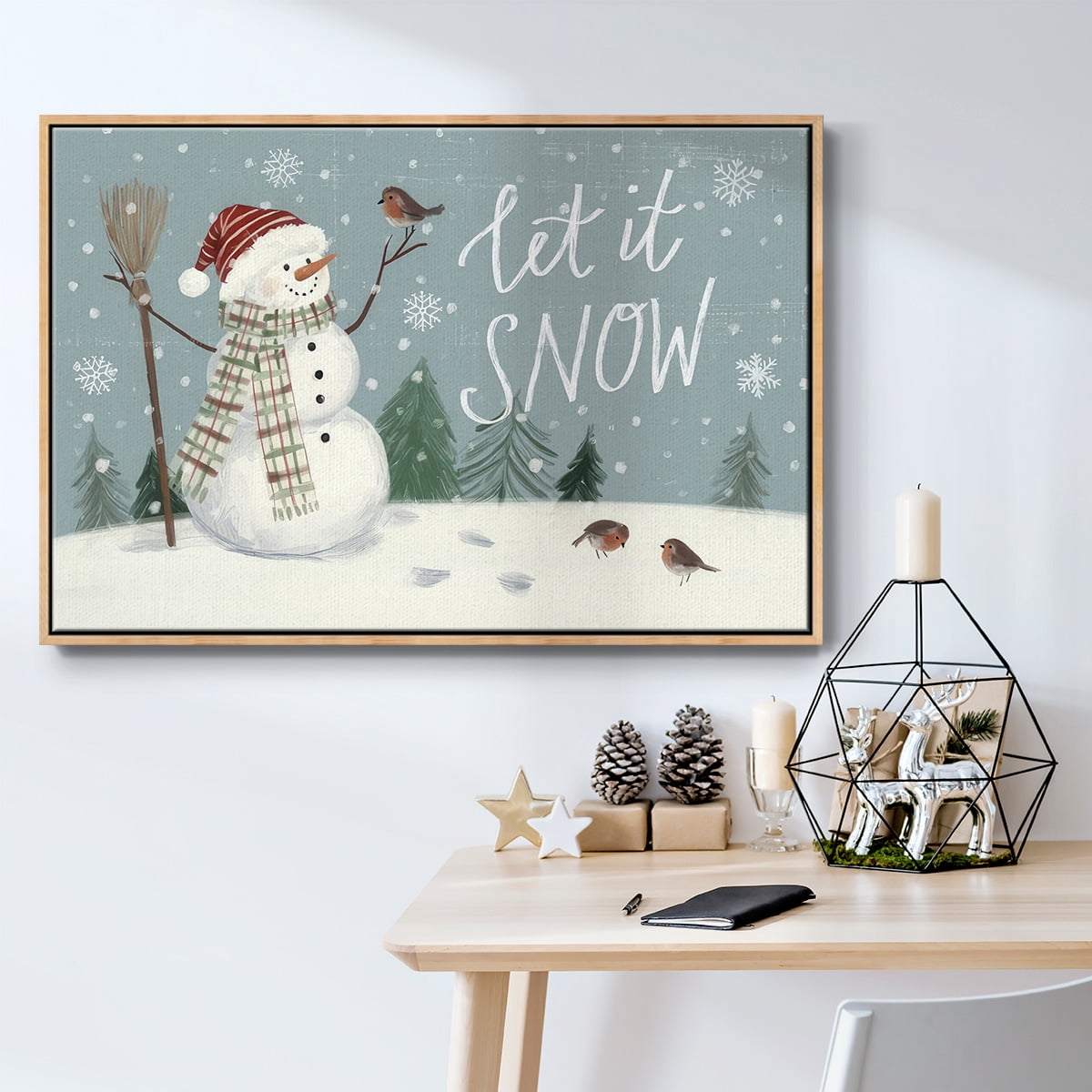 Jolly Snowman Collection A - Framed Gallery Wrapped Holiday Canvas - 27 x 41 - Natural Wood Frame
