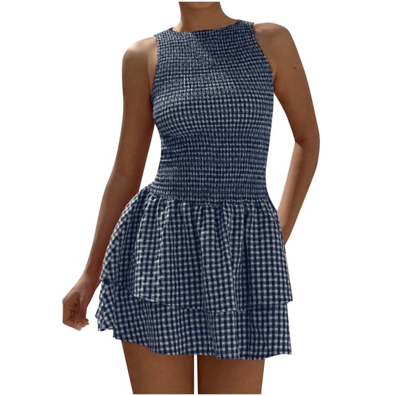 Kvture Women's Summer Mini Dress Sleeveless Tiered Ruffle Hem Smocked Waist A Line Short Tank Dress Blue